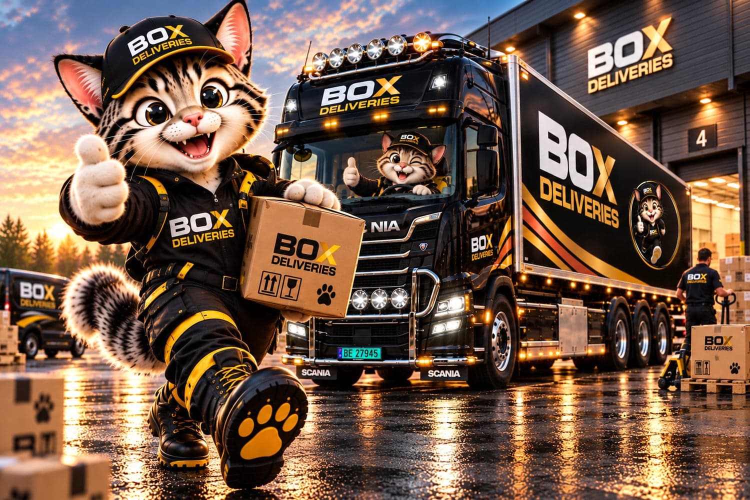 Box Deliveries-lastebil og maskot foran lageret