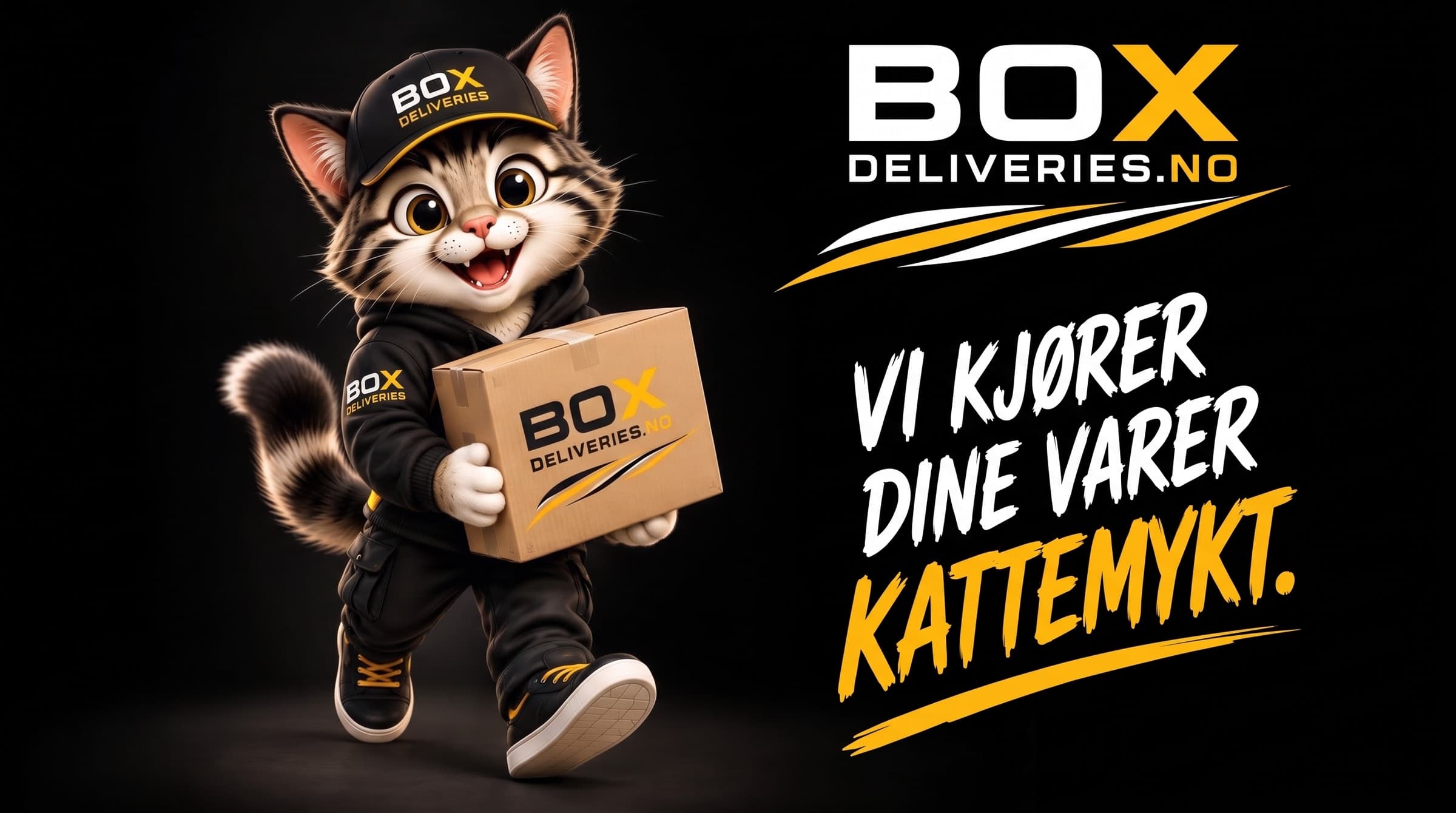 Box Deliveries-maskoten bærer en pakke. Vi kjører dine varer kattemykt.