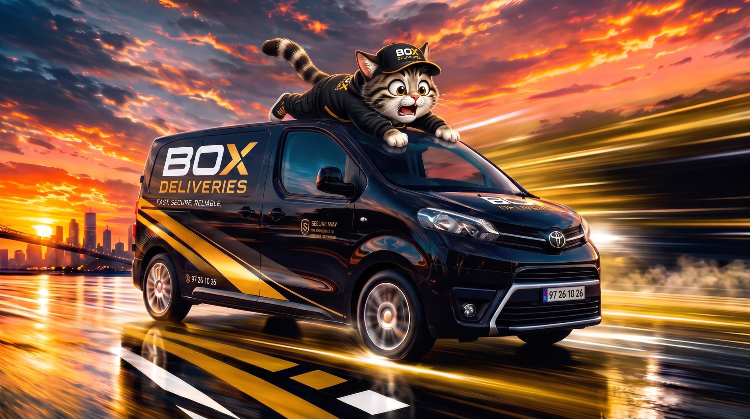 Box Deliveries-varebil i fart gjennom byen i solnedgang