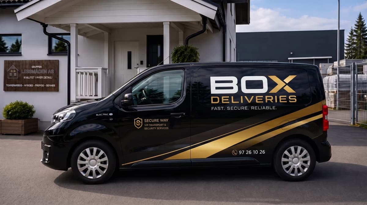 Svart Box Deliveries-varebil parkert foran et næringsbygg