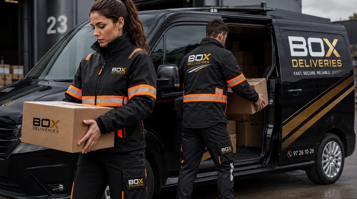 To ansatte i Box Deliveries-uniform laster esker inn i varebil