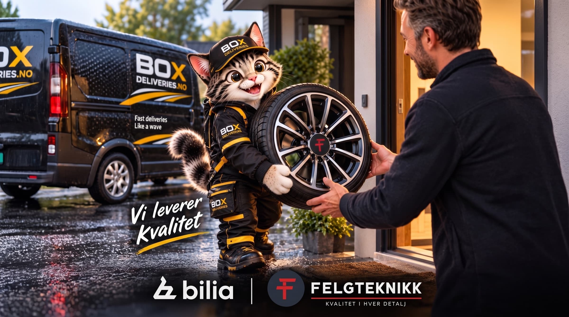 Box Deliveries-maskoten leverer en felg til en kunde. Vi leverer kvalitet.